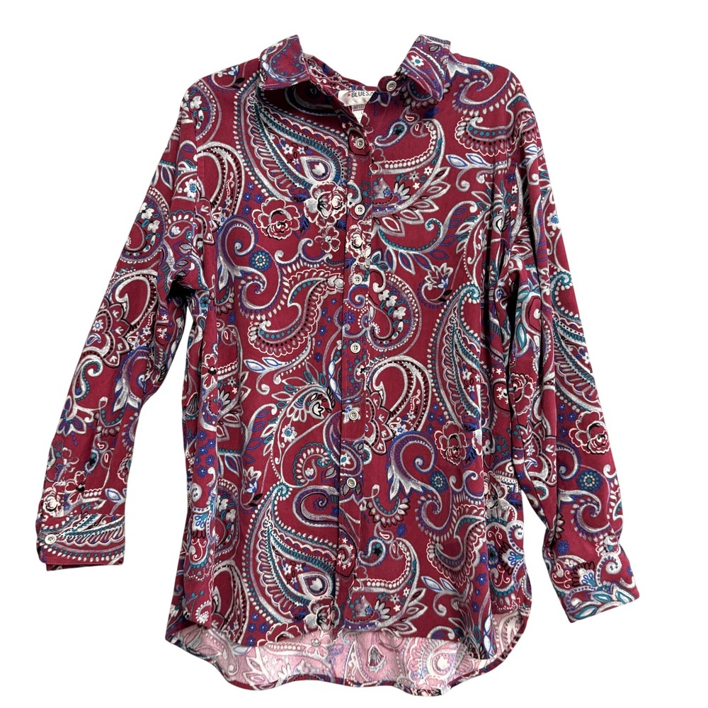 Mainstreet Blues Shirt Womens Large Red Paisley Button Front Stretch Long Sleeve